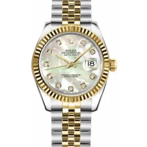 Rolex Datejust 31 mm, two tone, white MOP dial, diamond markers