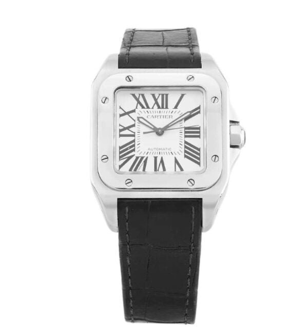 Cartier Santos 40 mm white dial black leather strap