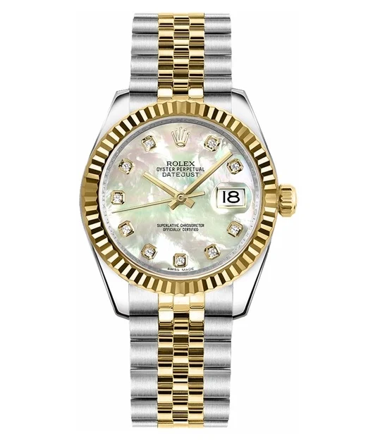 Rolex Datejust 31 mm, two tone, white MOP dial, diamond markers