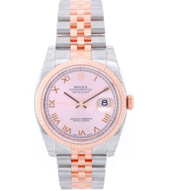 Rolex Datejust Replics Watches, pink dial, roman markers, rose gold two tone,
