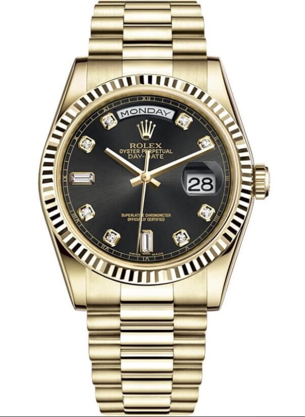 Rolex Day Date 36 mm EW Factory Swiss ETA 2836-2 Movement yellow gold black dial diamond markers